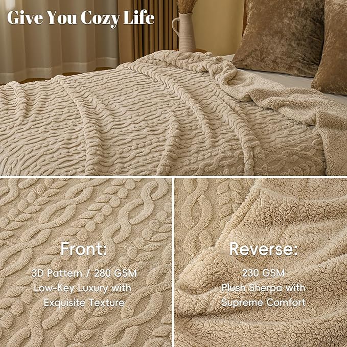 PHF Ultra Soft Sherpa Fleece Blanket King Size 108" x 90", 510GSM Fleece Lightweight Yet Warm Blanket for Winter Bed, No Shedding, No Pilling, Tufted Jacquard for Luxury Home Decor, Khaki