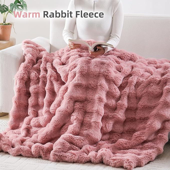 Smoofy Faux Fur Throw Blanket for Couch – Old Pink Fluffy Cozy Rabbit Fleece, Plush Soft Bubble Blanket for Sofa & Bed, for Mom, Warm Fuzzy Home Room Decor Throw 50" x 60"