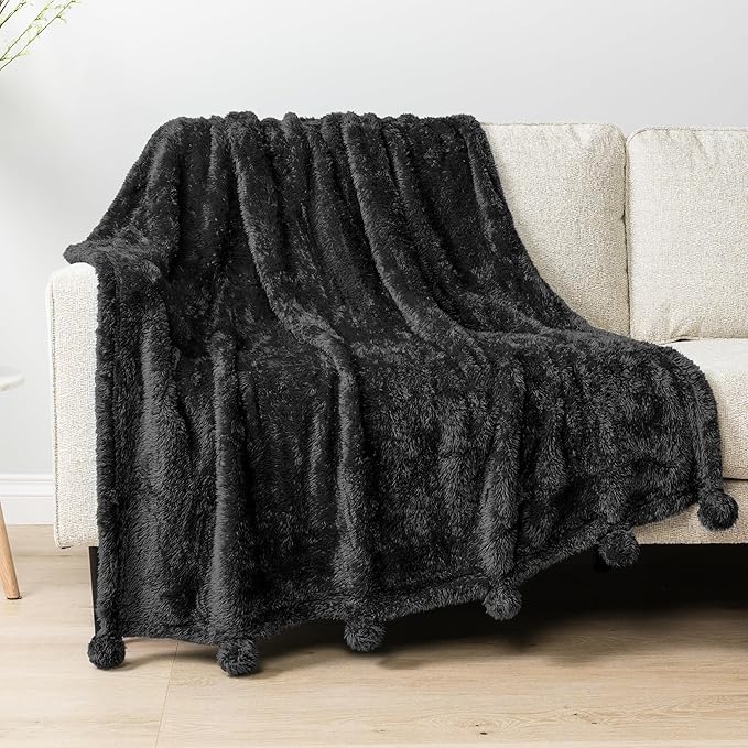 Pavilia Sherpa Throw Blanket - Warm Plush Fuzzy Pom Pom Blanket for Couch, Bed, Twin Size, Black - 60x80