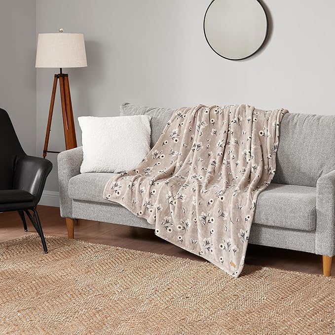 Lucky Brand Cozy Plush Blanket - Premium Microfiber Throw for Luxurious Comfort and Style, 50" x 70", Daisy Beige Floral