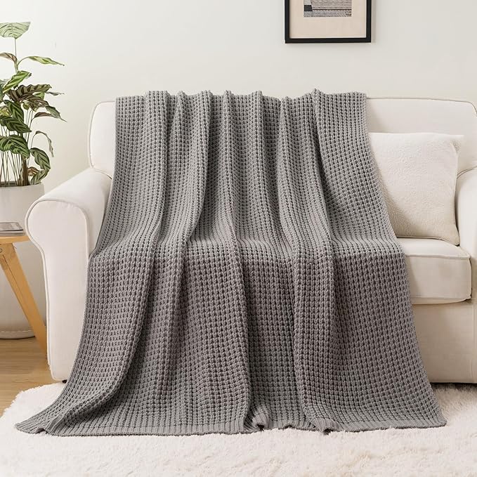 Bunnikins & Clover Grey Throw Blanket for Couch Bed Sofa, Waffle Knit Grey Blanket for Women Mothers Birthday Gifts, 60"x80"