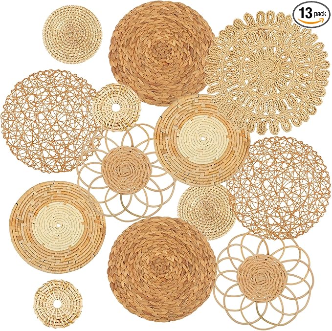 Glenmal Set of 13 Boho Wall Basket Decor Woven Rattan Flat Baskets Handmade Boho Wicker Bamboo Seagrass Wall Hanging Decor for Bedroom Living Room Dining Room Office Ready to Hang(Classic)