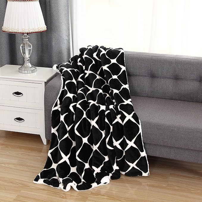 Elegant Comfort Luxury Ultra-Plush Velvet Touch Fleece Throw Soft, Warm, Cozy| Micromink Sherpa-Backing Reversible Blanket for Bed, Sofa and Couch, (50 x 60), Bloomingdale Black, Throw (50 x 60)