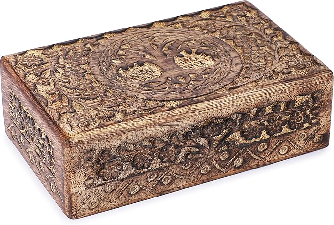 Ajuny Wooden Hand Carved Decorative Box with Tree Of Life Carvings Natural - Multipurpose Use As Jewelry Storage, Trinket Holder or Watch Box, Great For Gifts