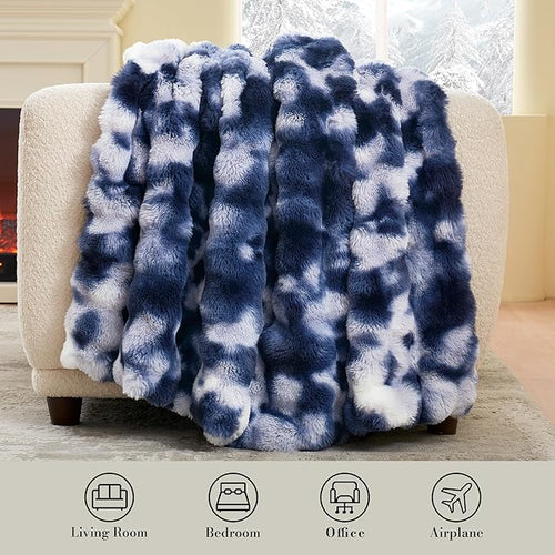 Amélie Home Faux Fur Throw Blanket, Ultra Soft Fuzzy Plush Bubble Blanket for Couch, Bed & Living Room, 60"x80", Tie-dye Blue