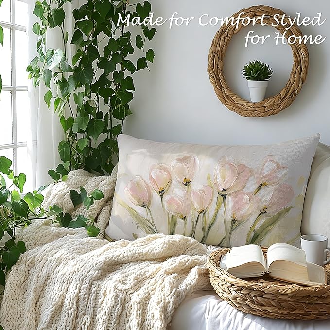 Vintage Pastel Tulip Floral Lumbar Pillow Cover 12x20 Double-Sided, Farmhouse Spring Decor, Abstract Floral Botanical Decorative Throw Pillow Cover for Living Room Home Bedroom