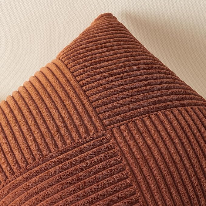 Topfinel 24x24 inches Terracotta Euro Pillow Shams Set of 2 Corduroy Decorative Throw Pillow Covers for Bedroom Living Room, Windmill Textured Striped Patchwork Couch Pillow Covers 60x60 cm