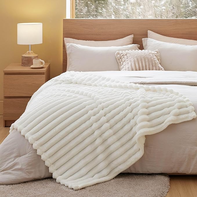 Bedsure White Throw Blanket for Couch - 350GSM Super GentleSoft Fuzzy Fluffy Cozy Fleece Blankets for Women, Cute Small Plush Throws for Girls, 50x60 Inches, Wider Striped Design