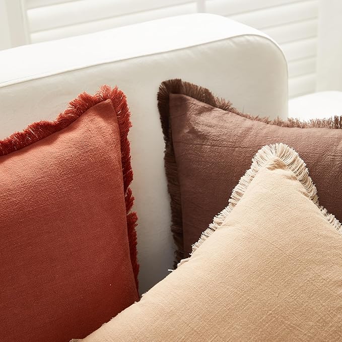 Sunday Praise Set of 2 Linen Fringe Decorative Pillow Covers 20x20 Inch Farmhouse Accent Boho Throw Pillow Cases with Tassels Cozy Soft Square Cushion Covers for Couch Sofa Bed Home Decor,Khaki