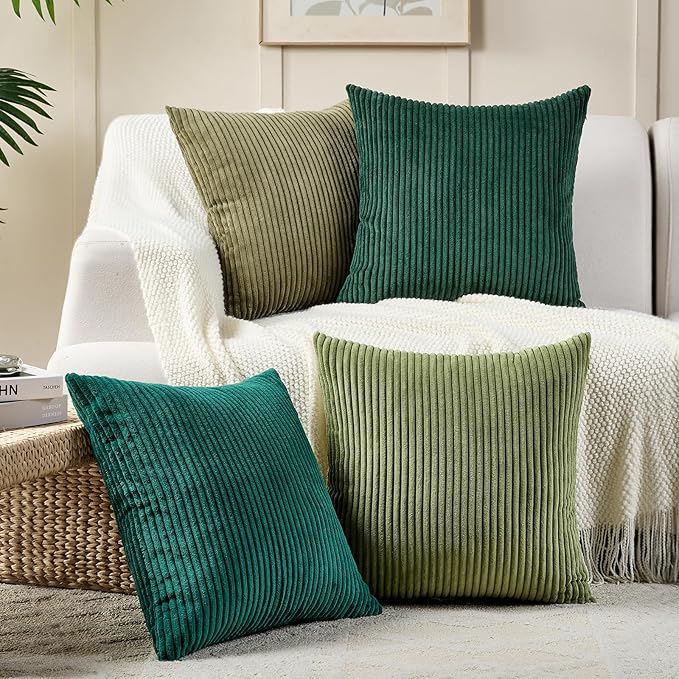 Volcanics Set of 4 Dark Green Corduroy Decorative Couch Throw Pillow Covers 18x18 Inch, Soft Modern Boho Striped Accent Cushion Cases for Home Sofa, Rustic Home Decor