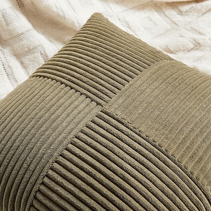 Fancy Homi 2 Packs Olive Green Long Lumbar Decorative Throw Pillow Covers 12x24 Inch for Couch Bed Sofa, Rustic Farmhouse Boho Home Decor, Soft Striped Corduroy Rectangle Accent Cushion Case 30x60 cm
