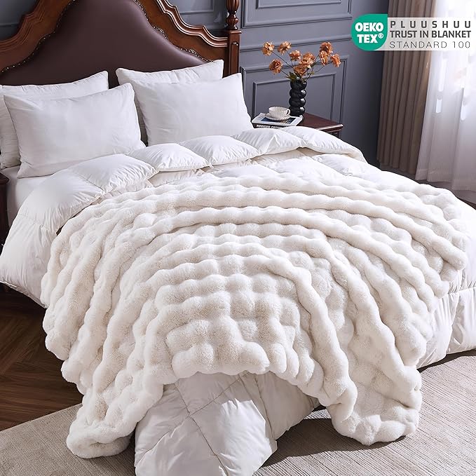 Faux Fur Throw Blanket for Couch, Fluffy Fuzzy Plush Bubble Blanket, Soft Warm Cozy Shaggy Rabbit Blanket, Luxury Decorative Gifts for Sofa Bedroom Living Room, 90x90inch (Beige)