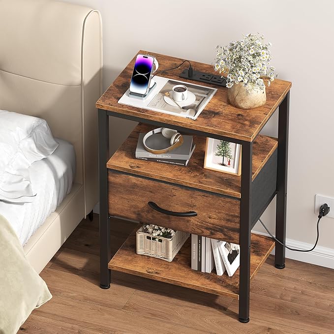 DUMOS Nightstand Set of 2 with Wireless Charging Station Bed Side Tables with Adjustable Fabric Drawers 3-Tier Storage End Tables Modern Design,Brown