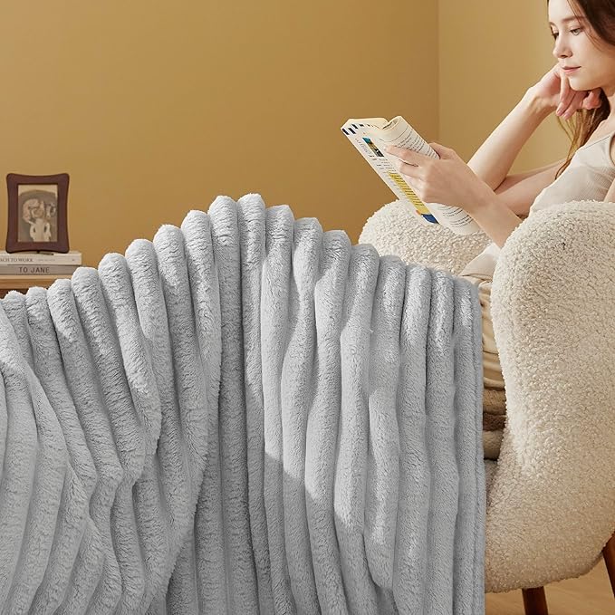 Bedsure Twin Blanket for Couch - 350GSM Super GentleSoft Fuzzy Fluffy Cozy Blankets for Women, Cute Small Plush Fleece Throws for Girls, Light Grey，60x80 Inches, Wider Striped Design