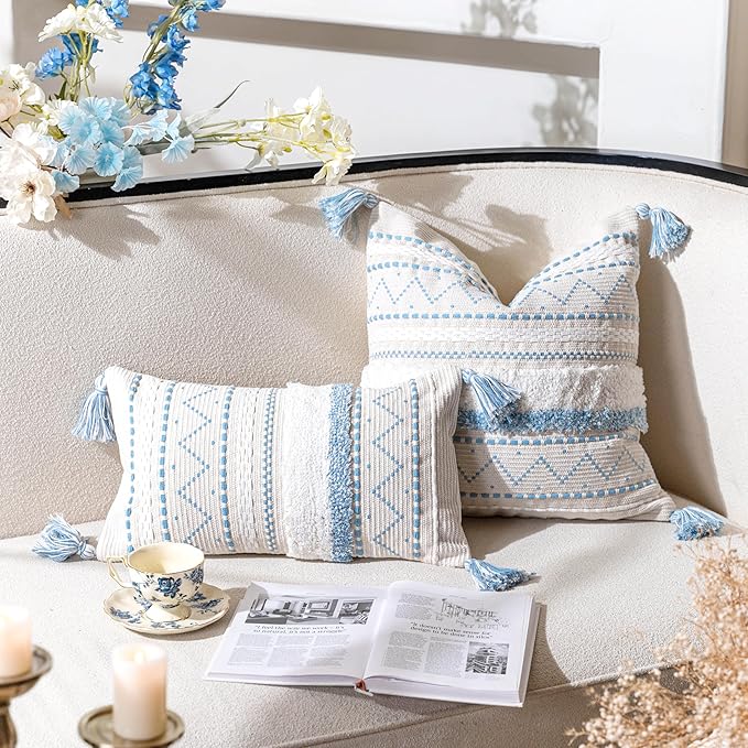 BlissBlush 20X20 Throw Pillow Cover, Coastal Blue Square Decorative Cushion Cover, Boho Accent Pillowcase with Tassels for Couch Sofa Living Room (Cover Only)