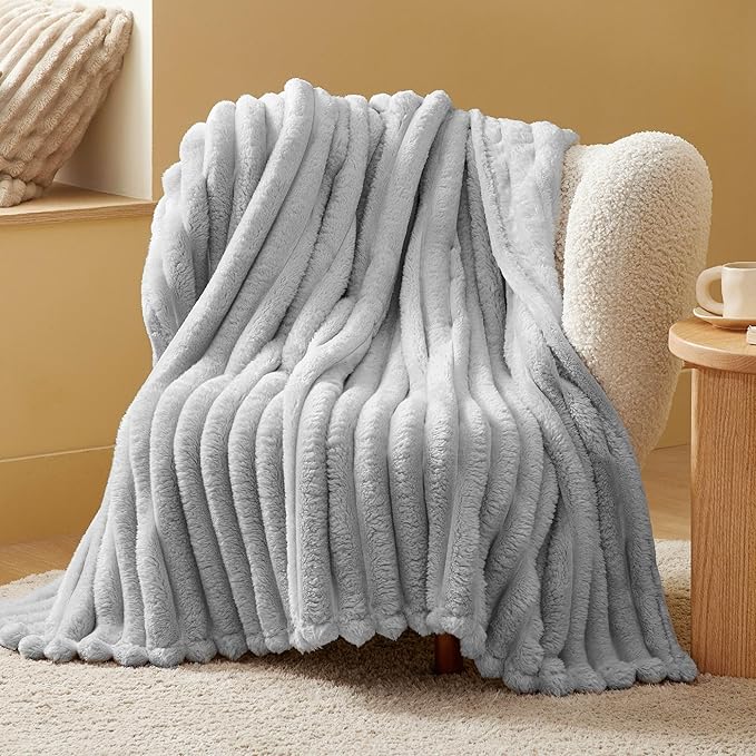 Bedsure Throw Blanket for Couch - 350GSM Super GentleSoft Fuzzy Fluffy Cozy Fleece Blankets for Women, Cute Small Plush Throws for Girls, Light Grey, 50x60 Inches, Wider Striped Design