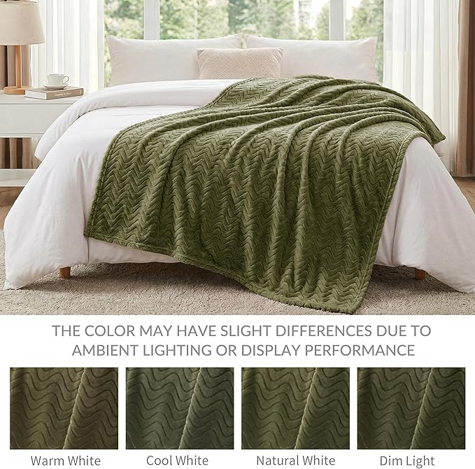 Exclusivo Mezcla Fleece Throw Blanket for Couch, Cozy Lightweight Blankets for All Season, Decorative Giftable Fuzzy Plush Wave Textured Throws for Women, Men, Olive Green, 50x70 Inches