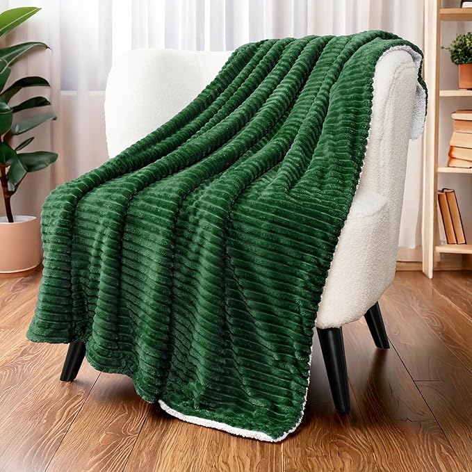 PAVILIA Emerald Green Sherpa Fleece Throw Blanket for Couch, Soft Plush Fuzzy Blankets, Fluffy Flannel Sherpa Blanket for Sofa, Warm 3D Ribbed Winter Blanket Gift, 50x60 inches
