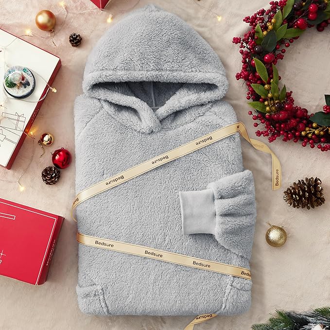 Bedsure Blanket Hoodie, Wearable Blanket Hoodies as Mothers Day Birthday Gifts for Women Men Mom Dad, Warm Cozy Soft Sweatshirt Hooded Blankets for Wife Women Men Adults, Grey, Standard