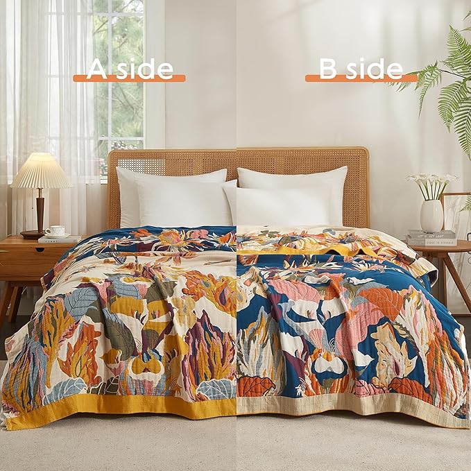Boho Throw Blanket for Bed 90”x108”, 100% Cotton Woven Blanket for Couch Sofa, Ultra Soft 4-Layer Muslin Quilt with Vintage Floral Printed, Farmhouse Bed Blanket/Cover for Living Room Decor