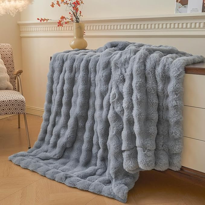 LIFEREVO Luxury Fluffy Faux Rabbit Fur Throw, Plush Fuzzy Bubble Blanket for Couch Sofa, Soft Cute Furry Bed Blanket Home Decoration, Shaggy Throw for Bedroom Living Room Office, 50x60, Light Grey