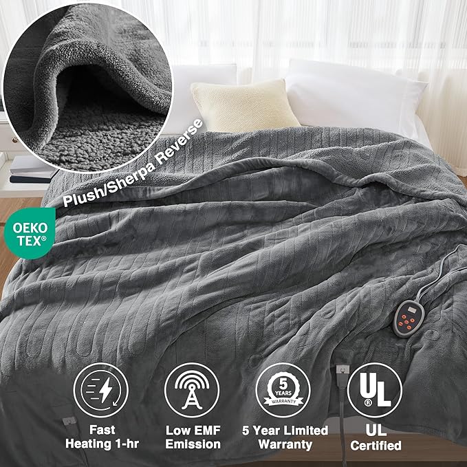 Beautyrest Heated Blanket, Electric Blanket, Soft, Warm, Reversible Plush - Sherpa Heating Blanket with 20 Heat Settings, 1-10 hrs Timer Auto Shut Off, Machine Washable, Twin (84 inx62 in), Grey