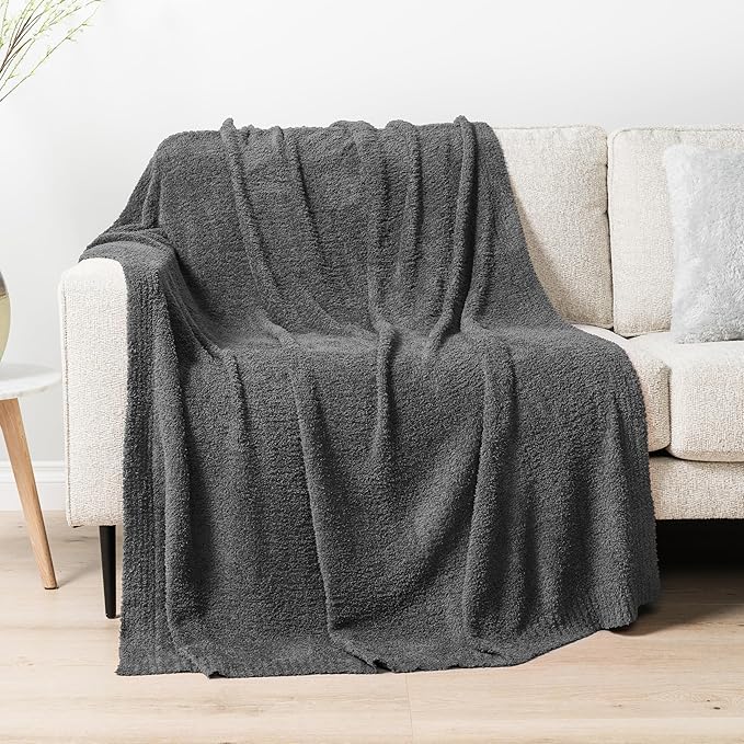 PAVILIA Super Soft Throw Blanket for Couch, Fluffy Cozy Lightweight Grey Blanket, Large Fuzzy Warm Knit Blanket for Bed Sofa, Dark Gray, 60x80