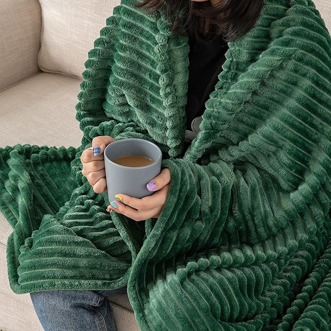 MIULEE Fleece Throw Blanket for Couch 300GSM Super Soft Lightweight Plush Striped, Dark Green Warm Cozy Breathable Ribbed Blanket for Bed/Sofa, Throw Size 50"x60"