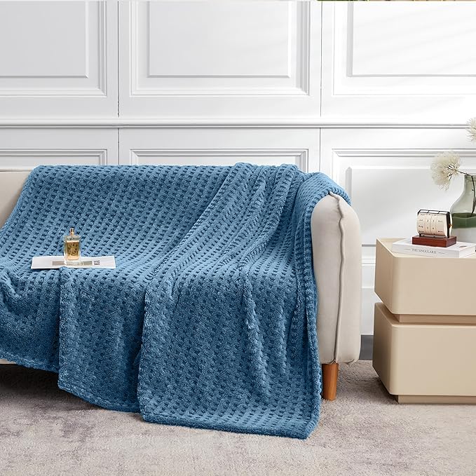 Soft Cozy Fuzzy Fleece Twin Blanket, Waffle Slate Blue, 60x80 Inches – Lightweight, Fluffy, and Warm 3D Jacquard All-Season Blanket for Couch, Bed, Sofa, Home Decor, Camping, and Travel