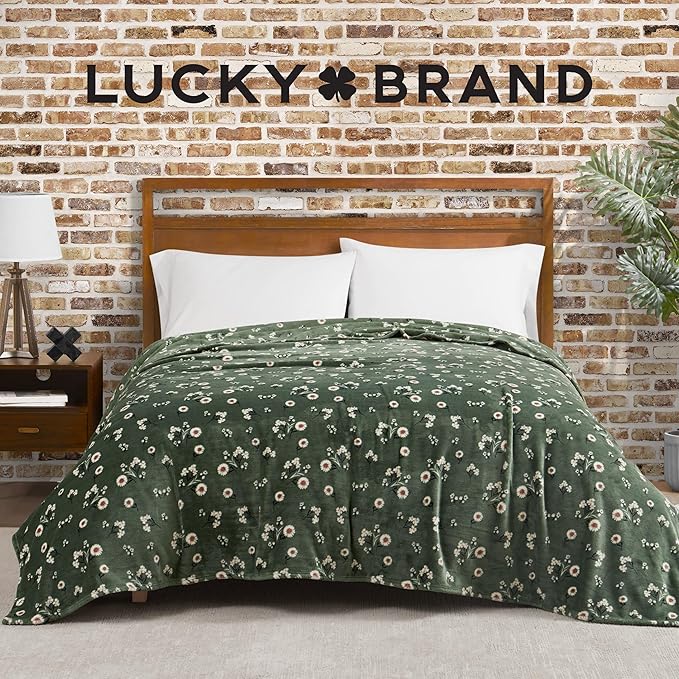Lucky Brand Daisy Green Floral 90"X90" Cozy Plush Blanket - Premium Microfiber Throw for Luxurious Comfort and Style Full/Queen Size