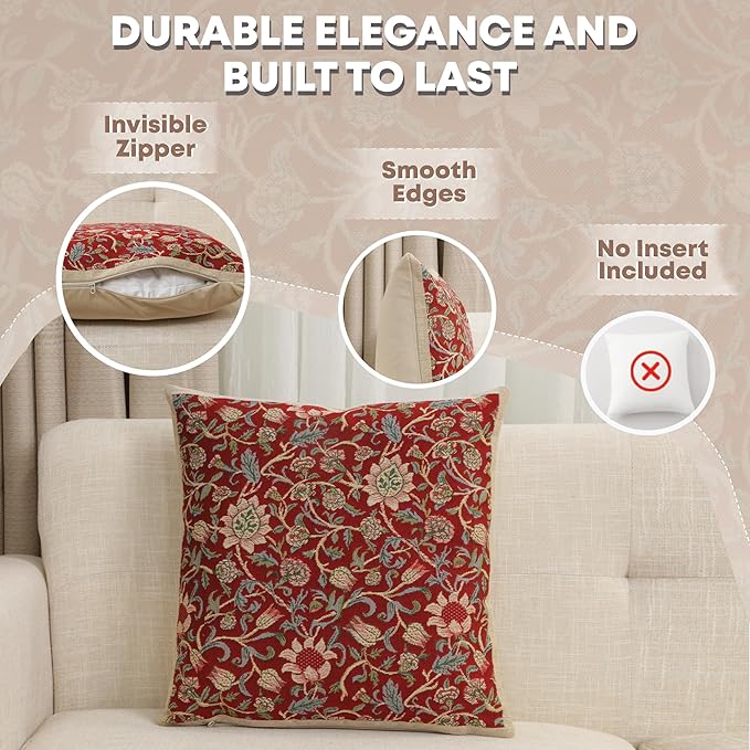 Charlotte Home Furnishings Throw Pillow Covers 16x16 in Red Flowers Decorative Couch Pillow Cover Boho Decor European Tapestry Cushion Cases Living Room Cozy Home Decor Jacquard Woven Soft Cotton