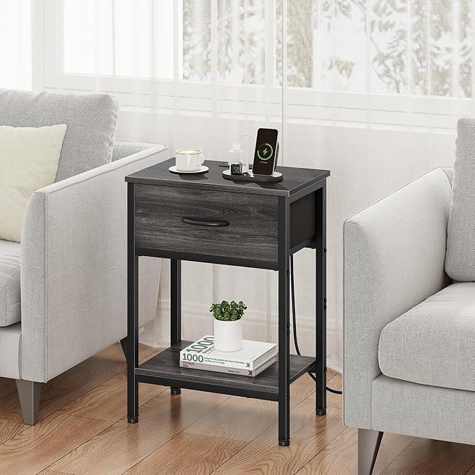 Vagusicc Nightstand Set of 2 with Charging Station, Bed Side Table with Fabric Drawer, Small End Table with 2-Tier Open Shelves, 25.4" Tall Night Stand Bedside Table for Bedroom Living Room, Black Oak