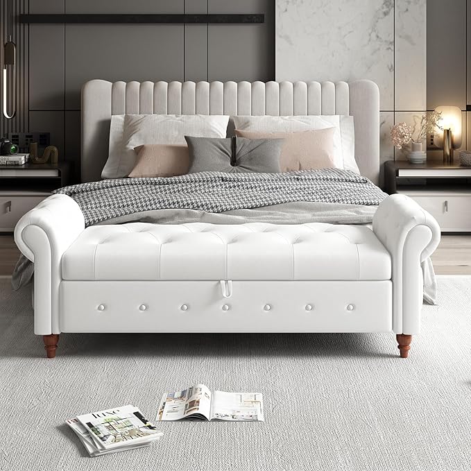 Aoowow Rolled Arm Storage Benches for Bedroom End of Bed Ottoman Bench 63" Long Bench with Storage and Seating for Living Room,Entryway,Window,Button Tufted with Solid Wood Legs (Linen Off White)