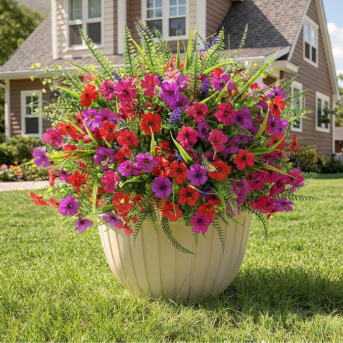 Alupssuc 24 Bundles Artificial Flowers for Outdoors Planters Spring Decoration, UV Resistant Faux Eucalyptus Violet and Lavender Silk Fake Plants for Outside Indoor Yard Home Patio Decor, Mix 3 Colors