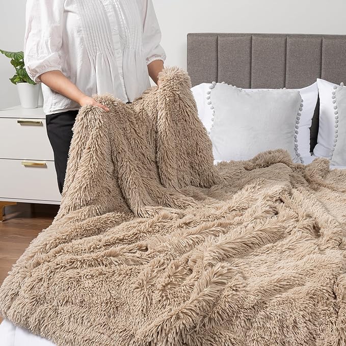 Pavilia Taupe Tan Fluffy Throw Blanket for Couch & Bed, Fuzzy Plush Warm Blanket, Super Soft Thick Faux Fur Sherpa, 60x80