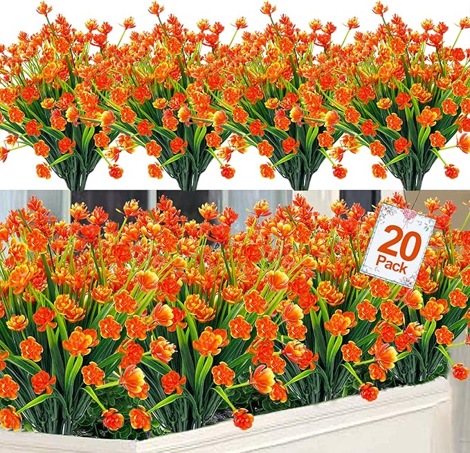 20 Bundles Artificial Flowers for Outdoors Spring Summer Decor-UV Resistant Fake Mums Faux Plants Plastic Flowers Greenery for Home Porch Gardens Fireplace Patio Indoor Outsides Decor(Orange Red)