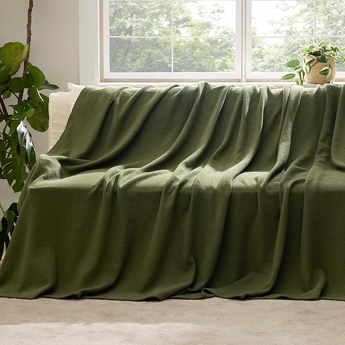 Bedsure GentleSoft 100% Cotton Blanket Twin XL Size for Bed - Breathable and Lightweight, Soft Cozy Textured Herringbone Woven Summer Blanket for College Dorm, Olive Green, 66x90 inches