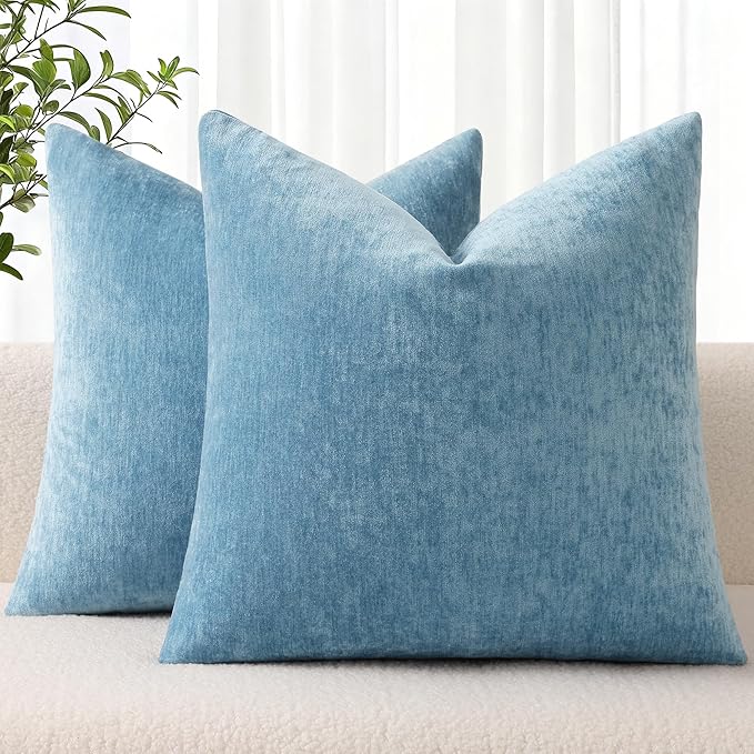 decorUhome Chenille Grey Blue Throw Pillow Covers 16x16 Inch Set of 2, Decorative Soft Couch Pillow Covers Solid Dyed Accent Farmhouse Neutral Square Pillow Cases for Sofa