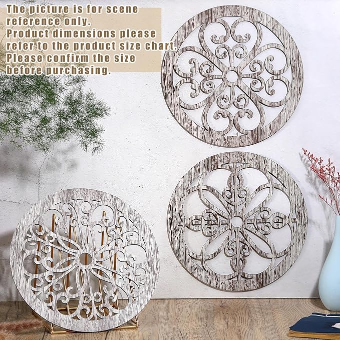 Yulejo 4 Pcs Thicken Rustic Wall Decor Farmhouse Kitchen Wall Round Art Wooden Hollow Carved Design Rustic Art for Living Room Bedroom Hallway Decor(9.8 x 9.8 Inch,grey wood tone)