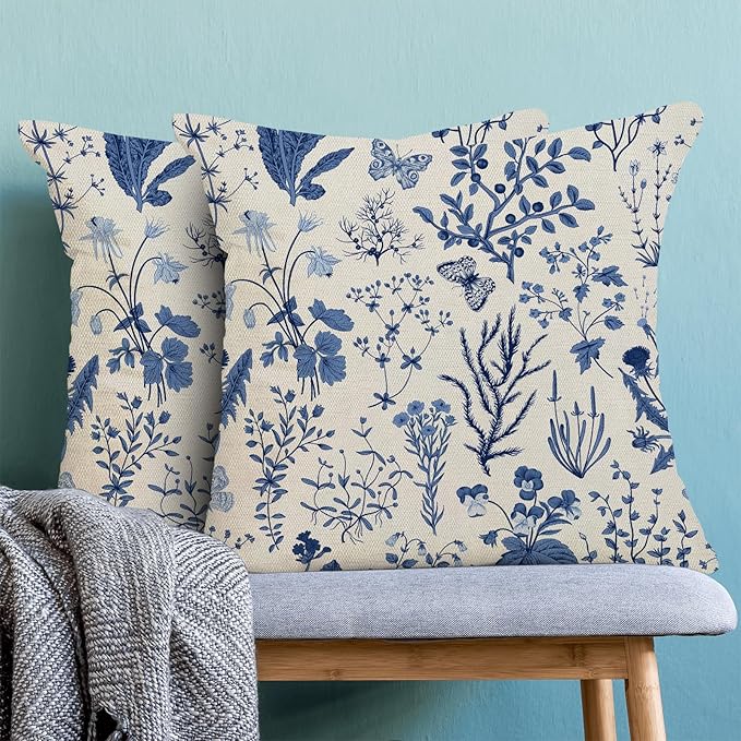 AEIOAE Summer Pillow Covers 22x22 Inch Set of 2,Navy Blue Wild Flower Plant Throw Pillows Case,Seasonal Floral Outdoor Decorative Square Linen Farmhouse Decor Cushion Covers for Home Couch Sofa Bed
