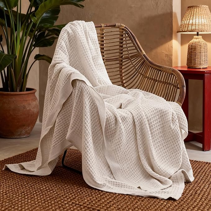 Bedsure Gentlesoft 100% Cotton Blanket Twin XL Size for College Dorm - Breathable and Soft for Spring Summer, Waffle Weave Twin Blanket for Bed, Dorm Room Essentials, Begie, 66x90 inches