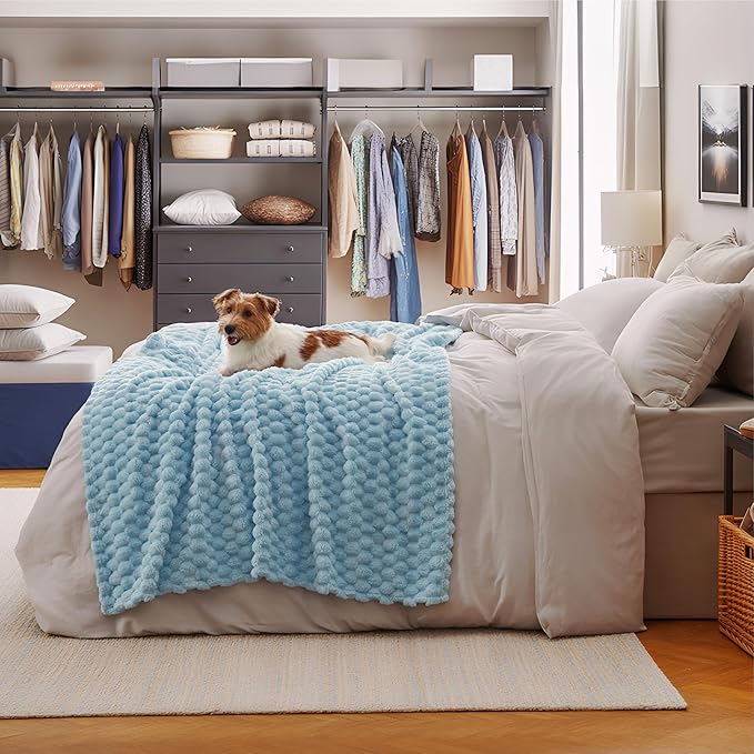 Bedsure Twin Blanket for Bed - 350GSM Fluffy Plush Bubble Blanket for College Dorm for Home Room Decor, GentleSoft Cute Fleece Soft Cozy Gifts for Women Girls, Light Blue, 60x80 Inches