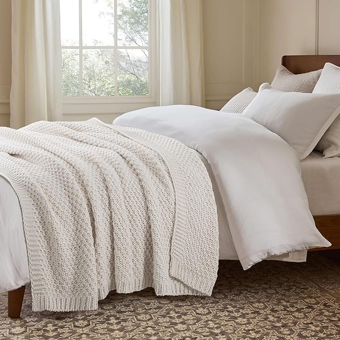 WDCOZY Chunky Cable Knit Throw Blanket Super Soft Warm Knitted Throw Blanket for Couch, Sofa, Chair, Bed Lightweight Breathable Cozy Comfortable Home Decorative Ivory Cream White 60x80 Inches
