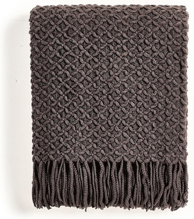 CREVENT Farmhouse Boho Knitted Throw Blanket for Couch Sofa Chair Bed Home Decoration, Soft Warm Cozy Light Weight for Spring Summer Fall (50''X60'' Dark Brown Chocolate)