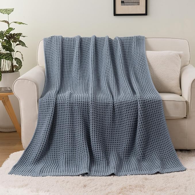 Bunnikins & Clover Blue Grey Throw Blanket for Couch, Thick Warm Soft Cozy Knitted Chenille Throw Blanket for Sofa, Bed, Living Room, 60"x80"