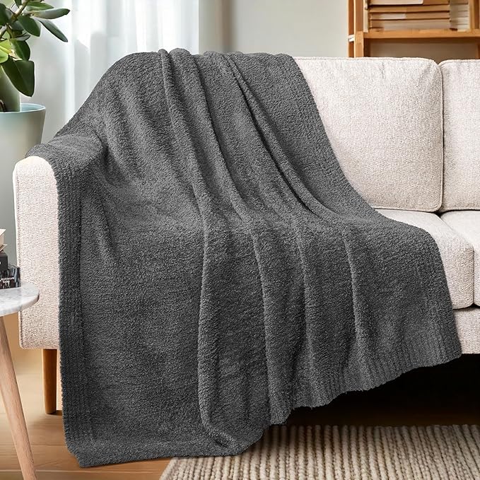 PAVILIA Super Soft Throw Blanket for Couch, Fluffy Cozy Lightweight Grey Blanket, Fuzzy Warm Knit Blanket for Bed Sofa, Dark Gray, 50x60