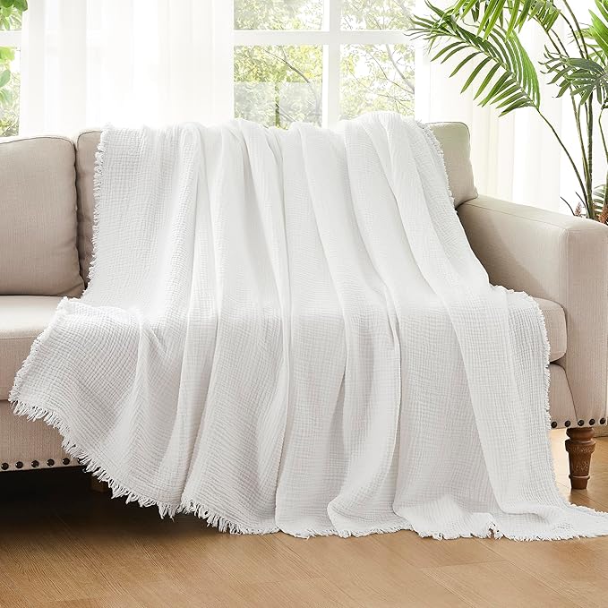 WDCOZY 100% Cotton Muslin Blanket King Size 4-Layer for Bed Breathable Lightweight Soft Large Boho Farmhouse Linen Tassels Ruffle Gauze Blankets All Season for Adults 108x90 Inches White