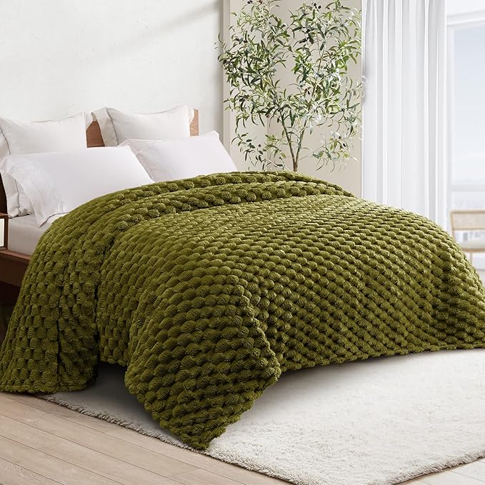 Whale Flotilla Twin Size Blanket for Bed with Jacquard Pattern, Fuzzy Soft Cozy Exquisite Blankets for All Season, Warm and Fluffy, 60x80 Inch, Olive