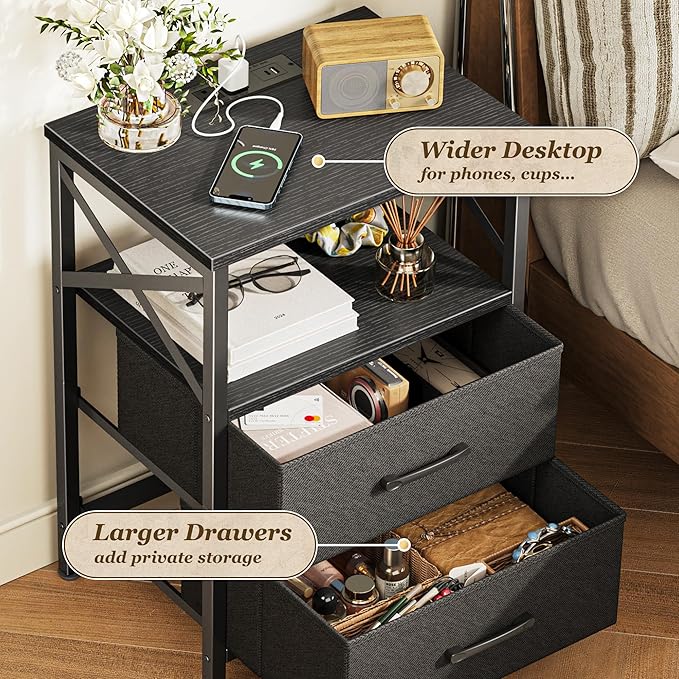 Huuger Nightstands Set of 2, Night Stand with Charger Station, 2 Drawer Side Table with Open Shelf, USB-C Port, End Table for Small Spaces, X Shaped Side Rail, Black