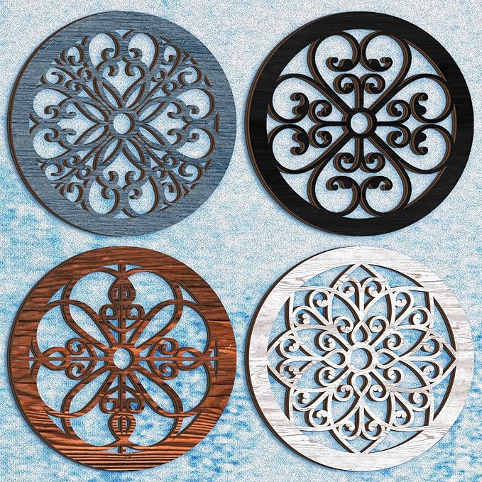 Yulejo 4 Pcs Thicken Rustic Wall Decor Farmhouse Wall Art Wooden Hollow Carved Design Rustic Round Art for Living Room Bedroom Hallway Decor Kitchen(15.7 x 15.7 Inch,groovy Style,Assorted Color)